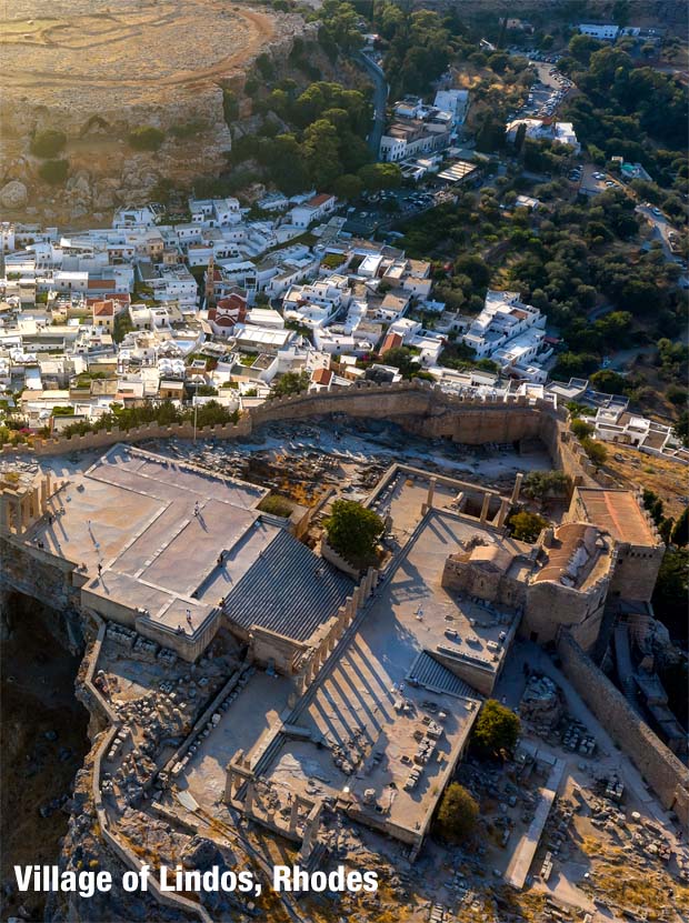 Click on image to enlarge the photo - Acropolis of Rhodes Island at Village of Lindos - Aerial View from Drone Acropolis of Rhodes Island at Village of Lindos - Aerial View from Drone
