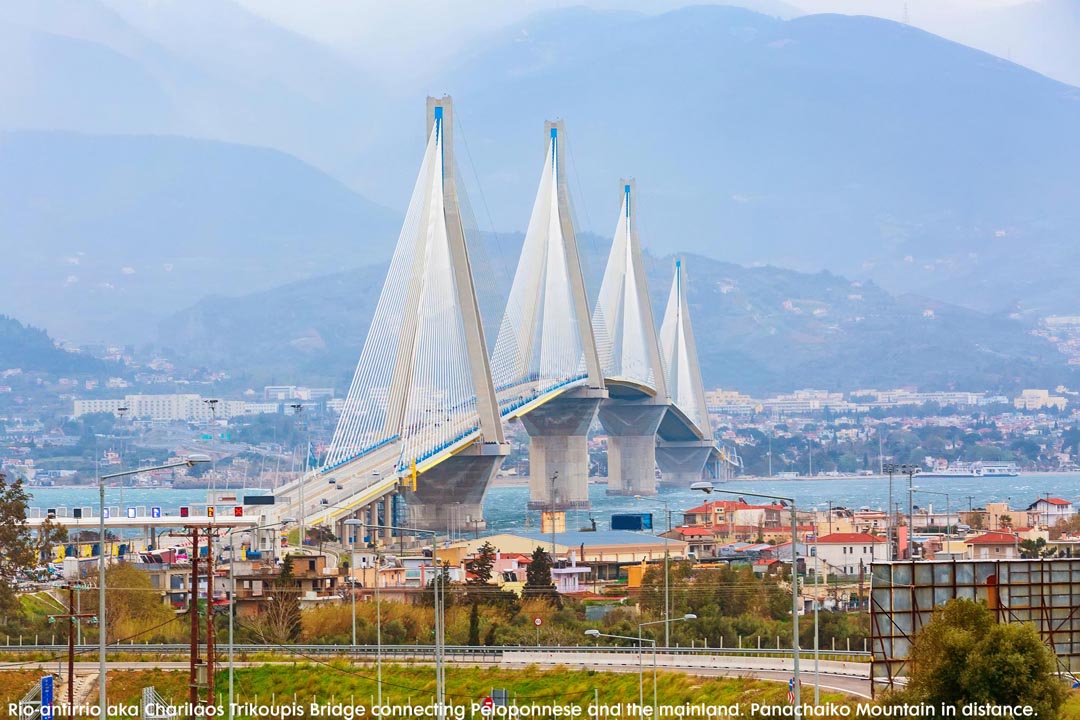 Rio Antirrio Charilaos Trikoupis Bridge with Panochaiko Mountain in the distance