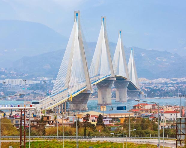 Rio Antirrio Charilaos Trikoupis Bridge with Panochaiko Mountain in the distance Rio Antirrio Charilaos Trikoupis Bridge with Panochaiko Mountain in the distance
