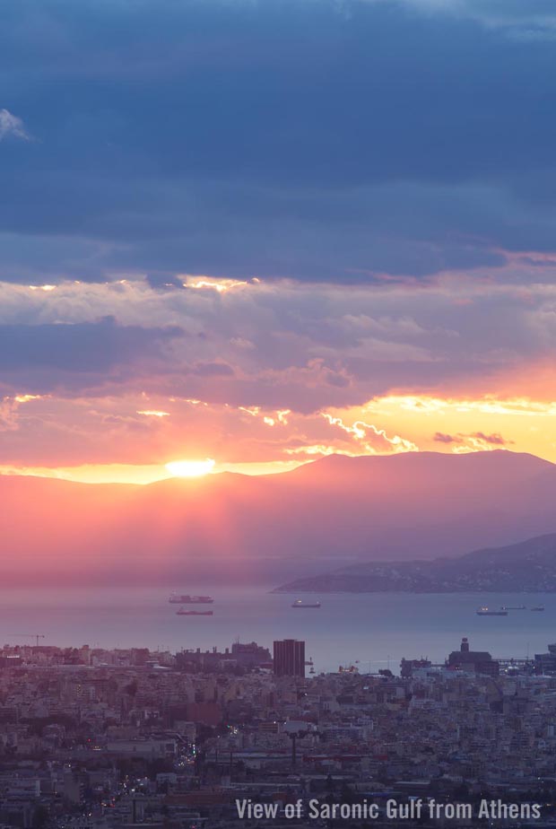 Sunset over the Saronic Gulf as seen from Athens Greece