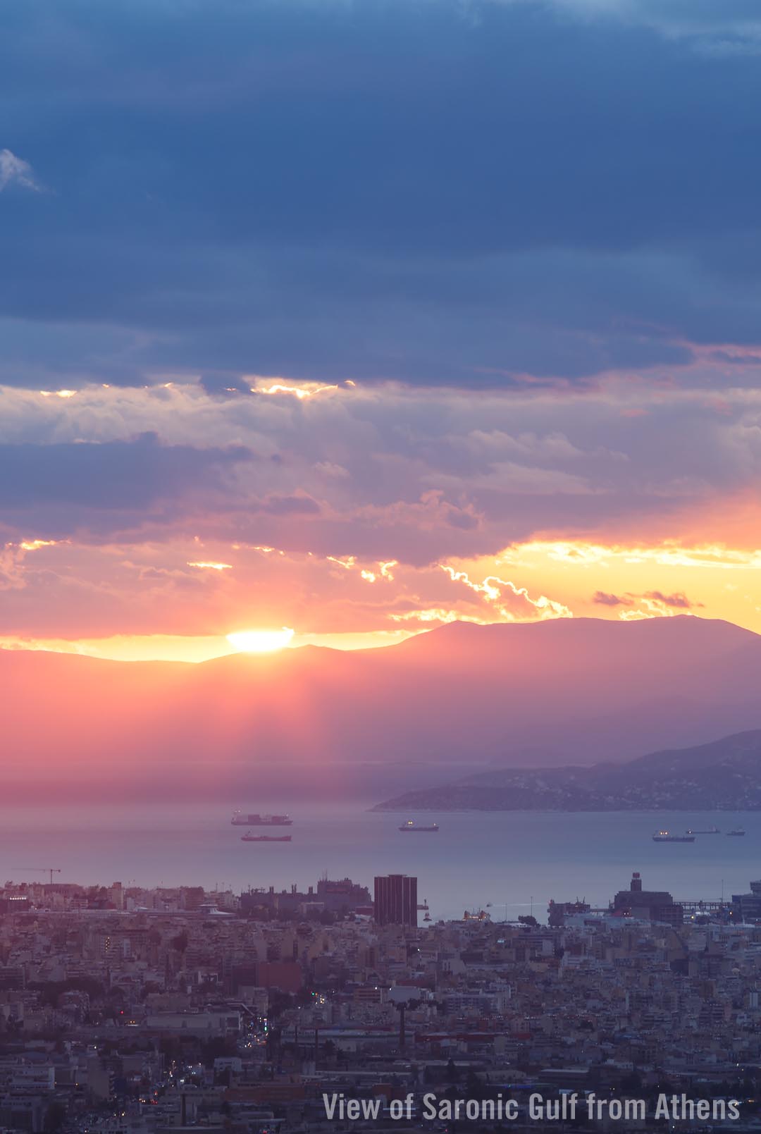 Sunset over the Saronic Gulf as seen from Athens Greece
