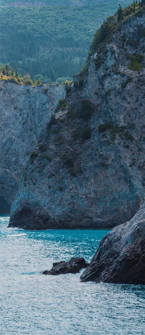 Cypress Trees and rocky shoreline of Greece